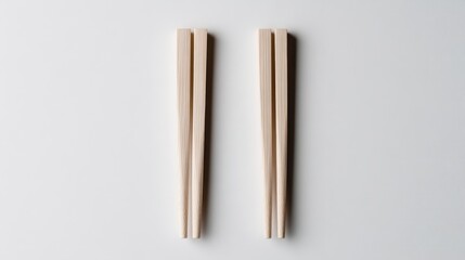 Two pairs of wooden chopsticks standing upright on a minimalist white background, and showcasing simplicity and elegance in culinary presentation.