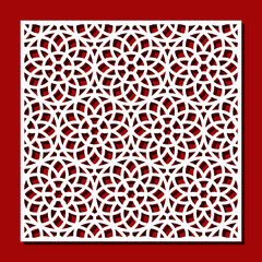 Square panel with carved ornament. Geometric, floral, circular patterns of thin lines. Template for plotter laser cutting of paper, fretwork, wood carving, metal engraving, cnc. Vector illustration.
