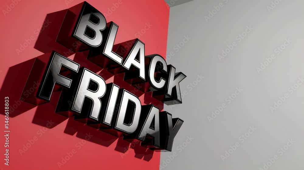 Poster glossy black friday 3d letters are rotating slightly, casting shadows on a red and white background,