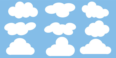 Set of white cloud icons on a blue background. Cloud shapes vary in size and form. Simple cloud design for weather or sky themes. Cloud icons in a grid layout.