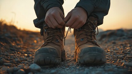 Person tying hiking boots at sunset, rocky path
