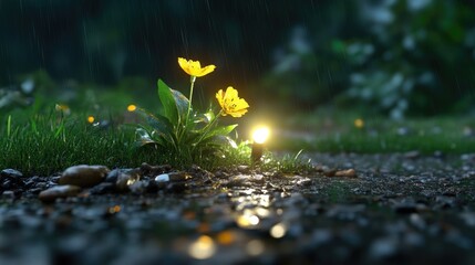 Two vibrant yellow flowers illuminated by a small lamp in a rainy garden path