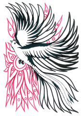 Profile of flying bird of paradise. Long tail with curved feathers. Red pattern with sun. Earth Day wallpaper. Isolated cartoon image for World Migratory Bird Day. Graphic illustration for coloring.