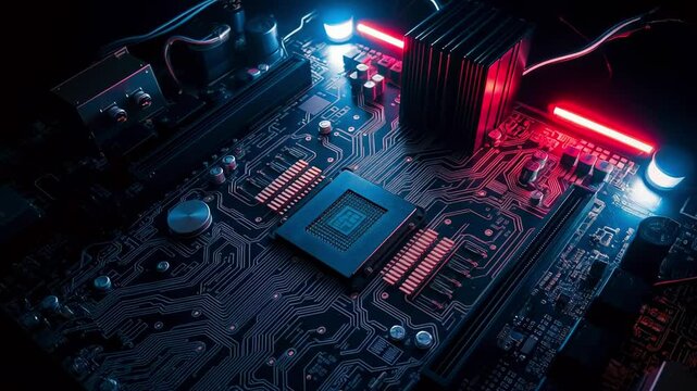 Close-up view of a modern computer motherboard with glowing components and intricate circuitry