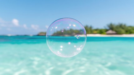 A delicate soap bubble floating over clear turquoise ocean water, tropical island with palm trees in the background, and serene and peaceful setting.