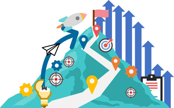 rocket climbing mountain to reach target goal clip art preview