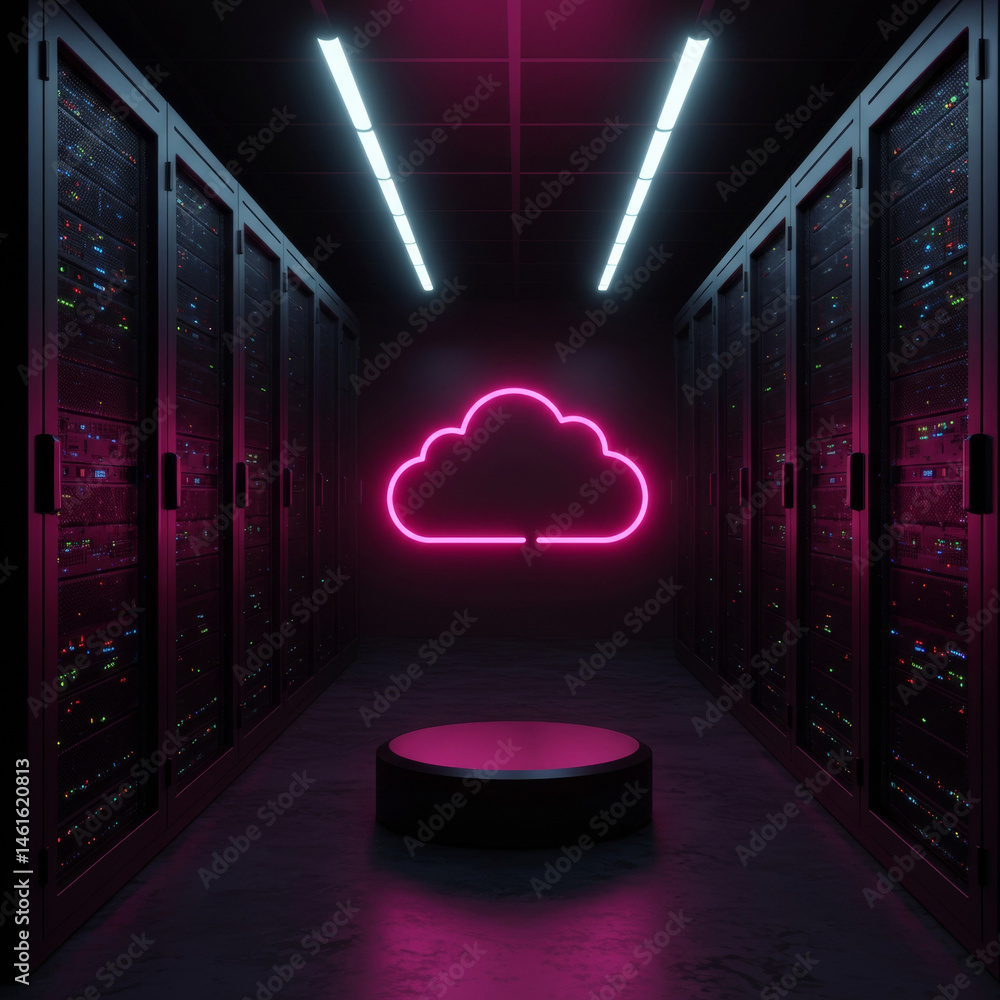 Aufkleber empty server room with neon cloud display, showcasing a dark interior with rows of server racks, a c