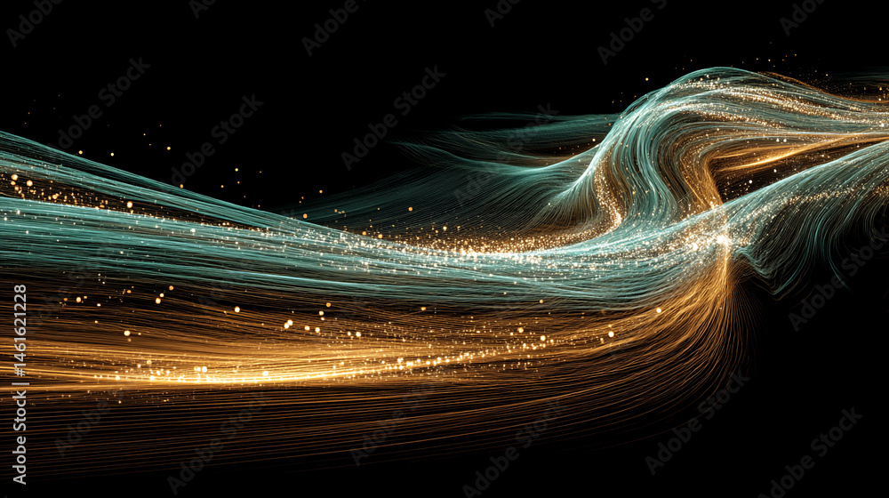 Poster abstract image of teal and gold flowing lines with sparkles on black background, suggesting movement
