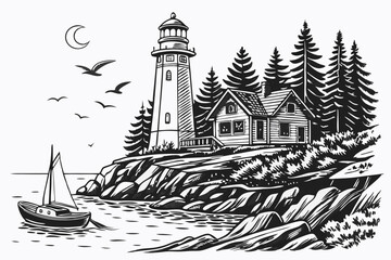 Fototapeta premium 28 Detailed pencil sketch, coastal lighthouse scene, rocky shoreline, tall pine trees, small boat in water, crescent moon, flying birds, intricate textures, windswept tree, cliffside house, dense fore