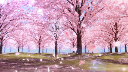 桜並木と地面と桜吹雪/昼