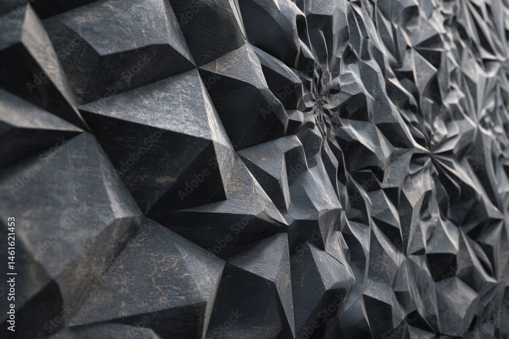 Poster Dark gray textured geometric surface, angular facets creating a three-dimensional effect, showcasing depth and complexity, ideal for abstract design