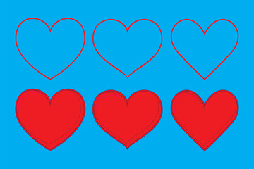 A vector set of six red heart icons in outline and filled styles. Arranged in two rows on a blue background. Perfect for love, care, support, and social media themes.