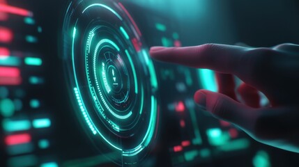 Futuristic interface interaction, close-up of a hand engaging with a holographic display, vibrant colors, tech theme, innovative vibes.