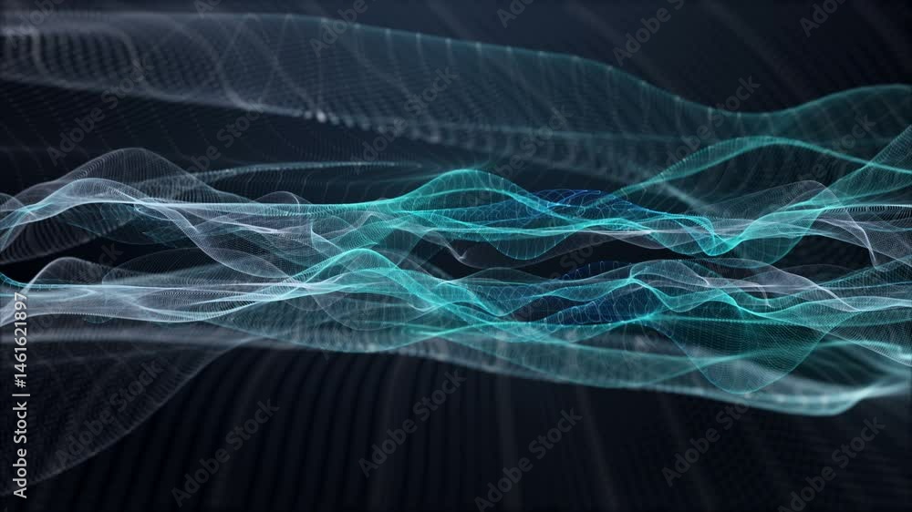 Poster futuristic video animation with particle wave object in slow motion, 4096x2304 loop 4k