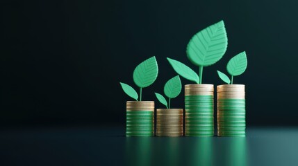 Growing investment concept, green leaves emerging from stacked coins, symbolizing financial growth and sustainability.