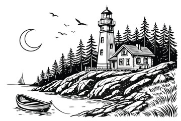 28 Detailed pencil sketch, coastal lighthouse scene, rocky shoreline, tall pine trees, small boat in water, crescent moon, flying birds, intricate textures, windswept tree, cliffside house, dense fore