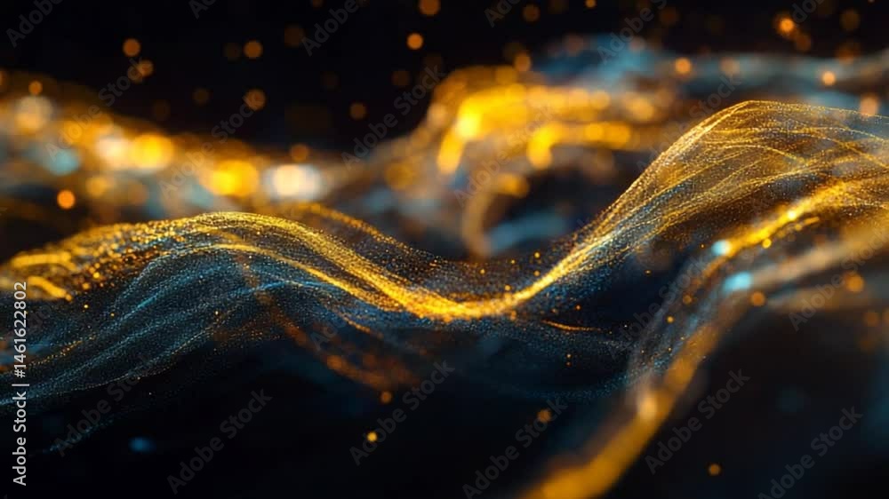 Poster abstract fluid particles, dynamic motion with elegant golden and blue waves