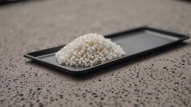 Fluffy Rice on a Plate: An up-close shot of a perfect serving of fluffy, freshly cooked rice artfully presented on a dark, rectangular plate, perfect for culinary delight.