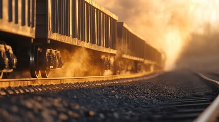 Obraz premium Train passing through dusty landscape, billowing dust clouds, emphasizing motion and the power of transport, ample space for text.