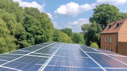 Solar Panels on Roof Lush Green Trees Bright Daytime High-Definition Wide Angle Shot Clean Energy Focus Sustainable Living Lush Foliage Backdrop Blue and Green Tones Ideal for Eco-Marketing