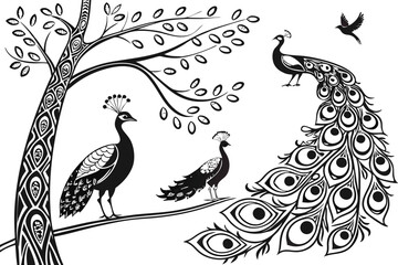 29 Black and white illustration, peacock varieties, woodcut style, detailed feathers, ornate tail plumage, bird silhouettes, intricate line work, contrasting textures, elegant poses, nature-inspired d