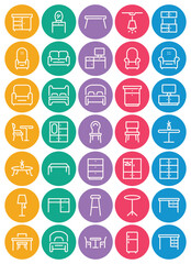 Circle color outline icons set for Furniture interior