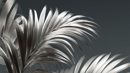 Silver palm leaf detail on dark gray background, showcasing elegant texture and lines, representing sophistication, nature, and tranquility