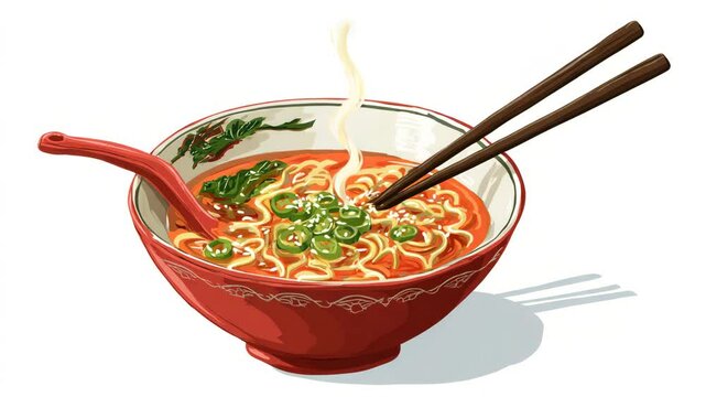 Steaming bowl of noodles in a red bowl with chopsticks. Pixel art style, detailed textures, and vibrant colors.  Simple white background.