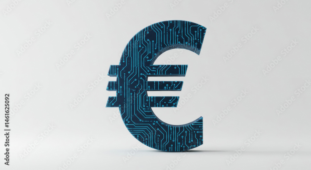 Poster euro symbol with circuit board design in a 3d rendering against a plain background. modern financial