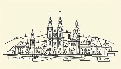 Fototapeta premium Elegant line art silhouette of a Ukrainian city with historic architecture and national flag, reflecting cultural heritage