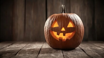 Obraz premium Illuminated carved pumpkin on rustic wooden planks.