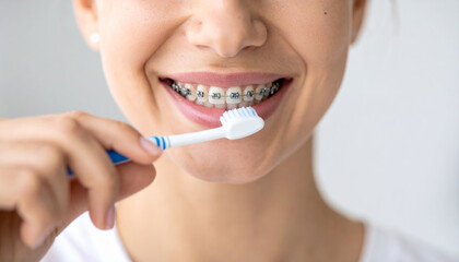 Young woman with dental braces brushing teeth, closeup, showing healthy smile and oral care routine, feeling happy and confident at home