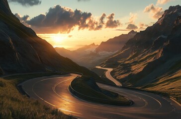 Fototapeta premium A curving mountain highway lit by golden sunset light