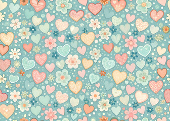 Floral and Heart Pattern. Pastel Colors and Romantic Design