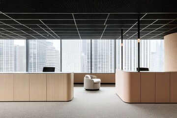 Modern office reception area with city views