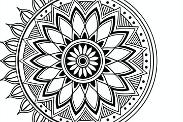30 Intricate mandala design, black and white illustration, sunflower shape, geometric patterns, zentangle art, detailed linework, radial symmetry, circular composition, floral motif, abstract leaf sha