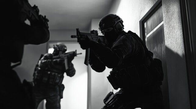 Tactical swat team operation in suburban neighborhood home