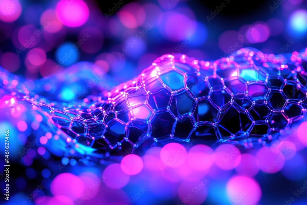 Poster abstract close-up of glowing hexagonal network on a wavy surface with bokeh lights in blue and pink 