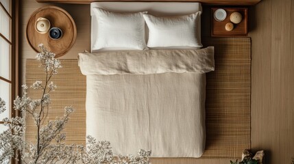 Minimalist japanese futon and bedding set in serene bedroom layout