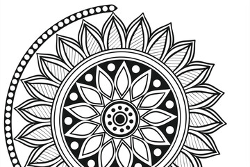 30 Intricate mandala design, black and white illustration, sunflower shape, geometric patterns, zentangle art, detailed linework, radial symmetry, circular composition, floral motif, abstract leaf sha