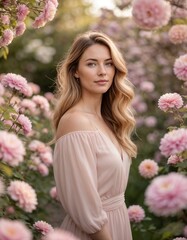 Fototapeta premium Woman in pink dress surrounded by blooming flowers 