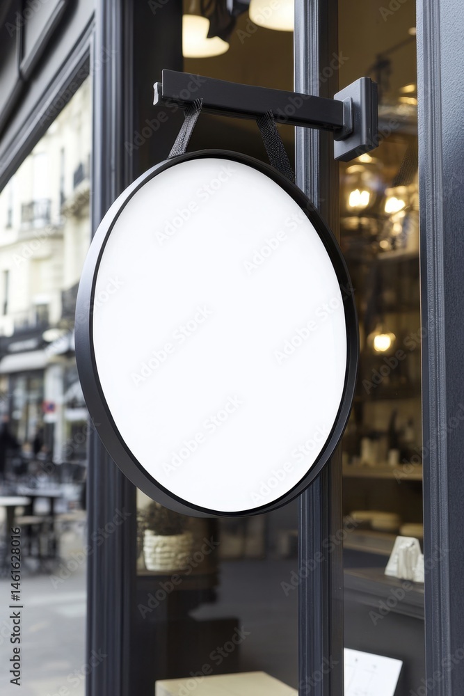 Poster blank round sign mockup hanging outside storefront in urban setting close up view for branding and a