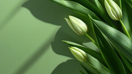 Obraz premium Creative minimalist design of tulip petals, stems, and leaves with soft shadows. 