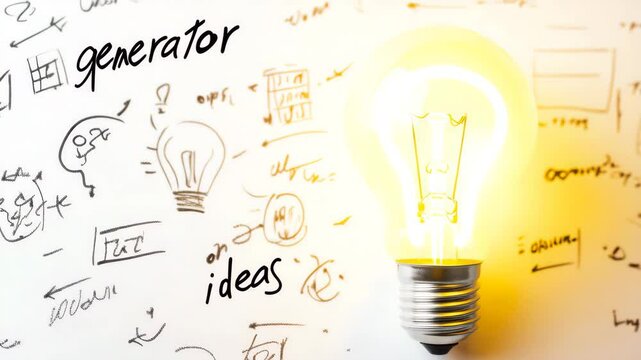 Incandescent light bulb glowing next to text idea generator