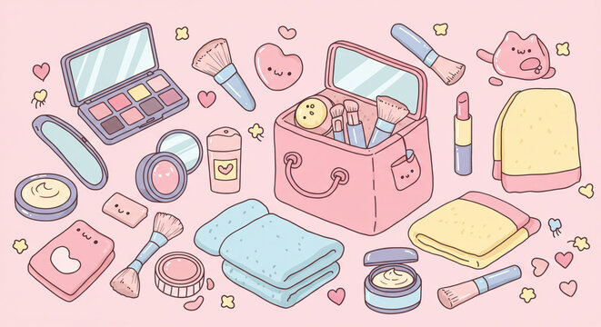 Vector set in pastel colors of cosmetic bags with things that can be in