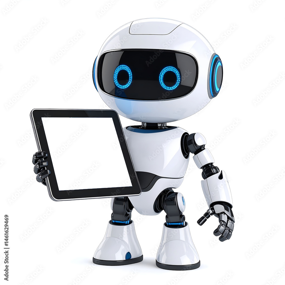 Poster happy 3d chatbot robot character – friendly ai assistant . artificial intelligence, trendy technolog