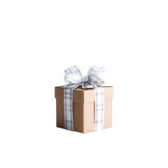 A beautifully wrapped gift box with a white and plaid ribbon, perfect for celebrations and special occasions, featuring an elegant design that enhances the festive atmosphere.