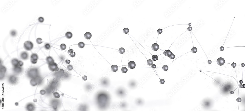 Poster Stock photo of an abstract network connection visualization with silver spheres and thin lines on a white background.