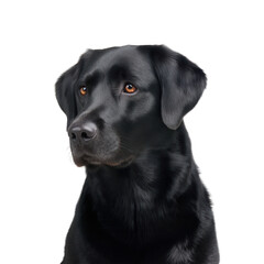 A black Labrador Retriever gazing confidently, showcasing its intelligent eyes and smooth coat against a white isolated background.