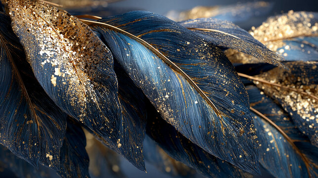 Close-up of dark-blue leaves with gold accents, creating a luxurious and elegant texture, showcasing a sophisticated and glamorous aesthetic, ideal for high-end branding